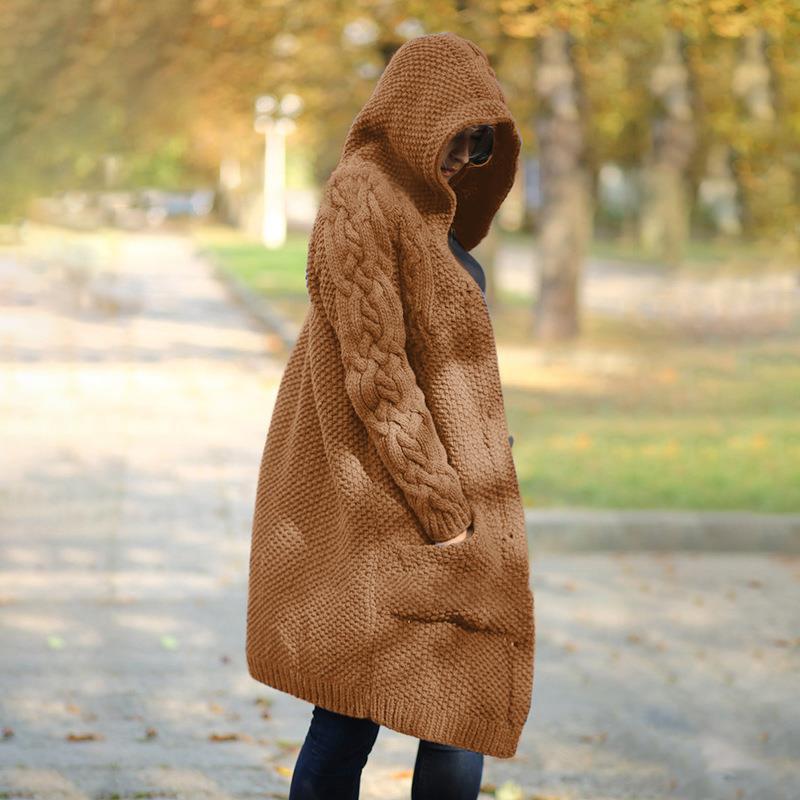 Plus Size Hooded Single Breasted Knit Long Sleeve Coat GBLH 3355