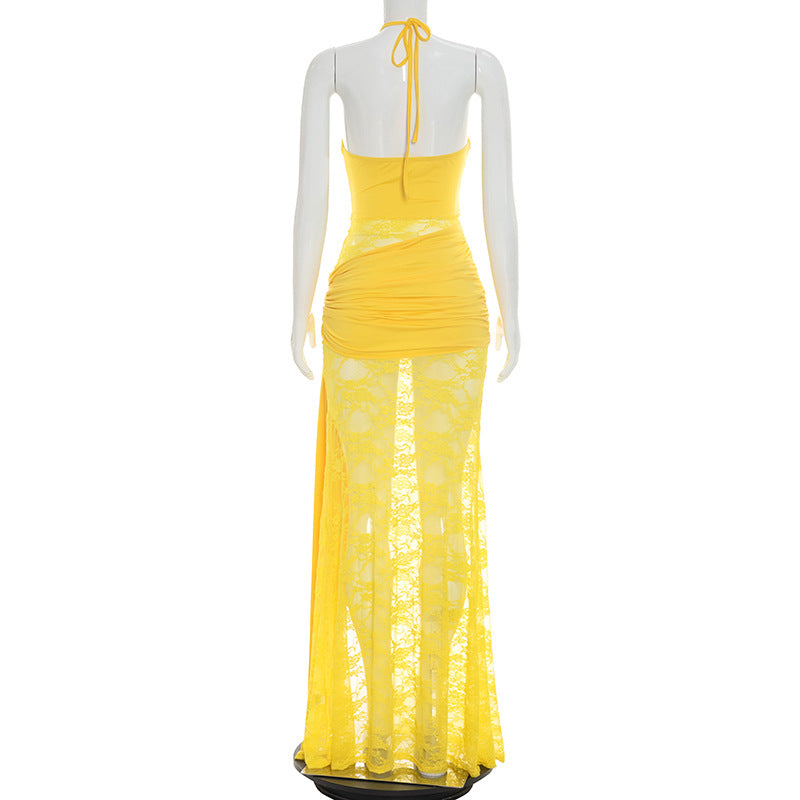 Lace Patchwork Halterneck Split Maxi Dress GDSF D26DS201
