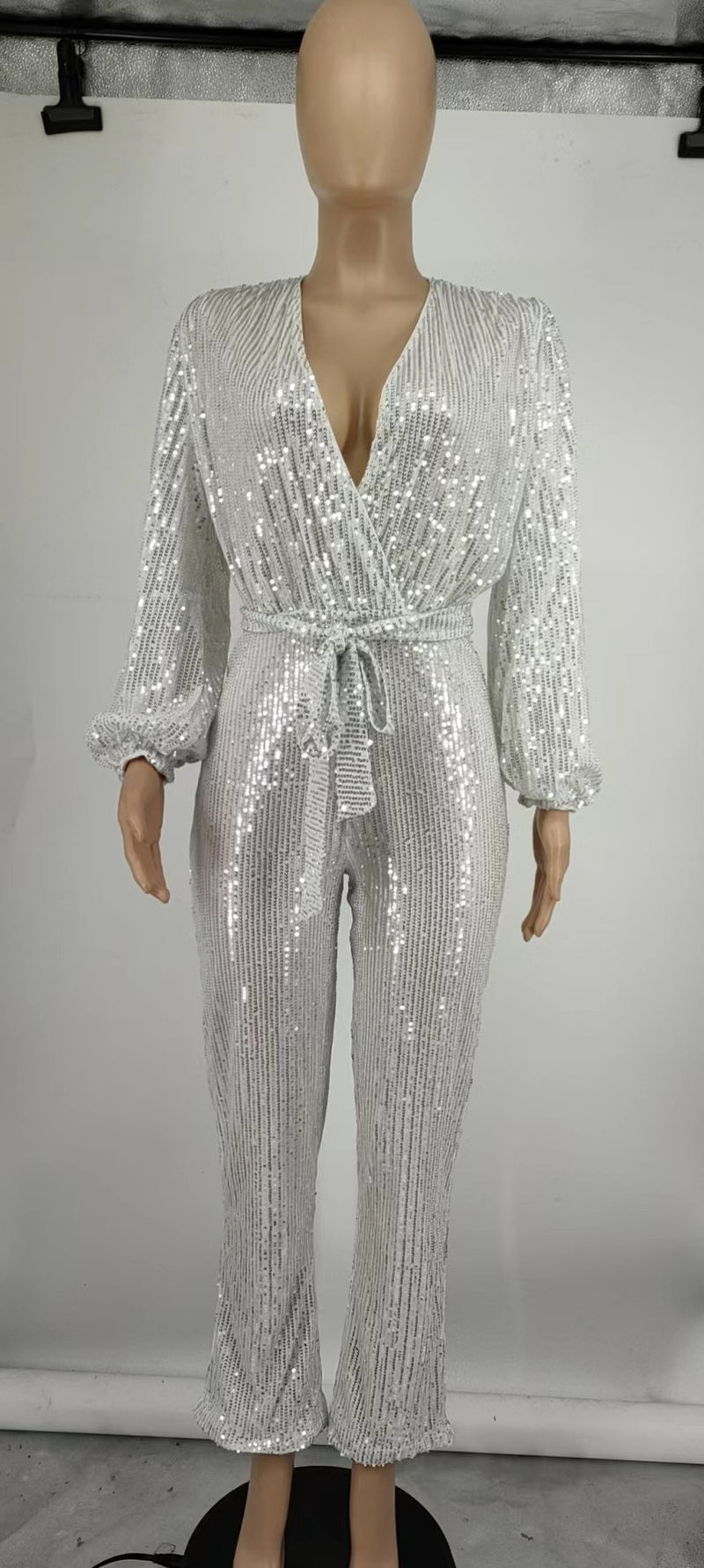 Sequin Deep V Neck Tie Up Jumpsuit GYOM 8794