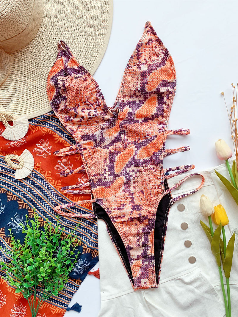 Snake Skin Print V Neck Hollow One Piece Swimsuit CASF 6101