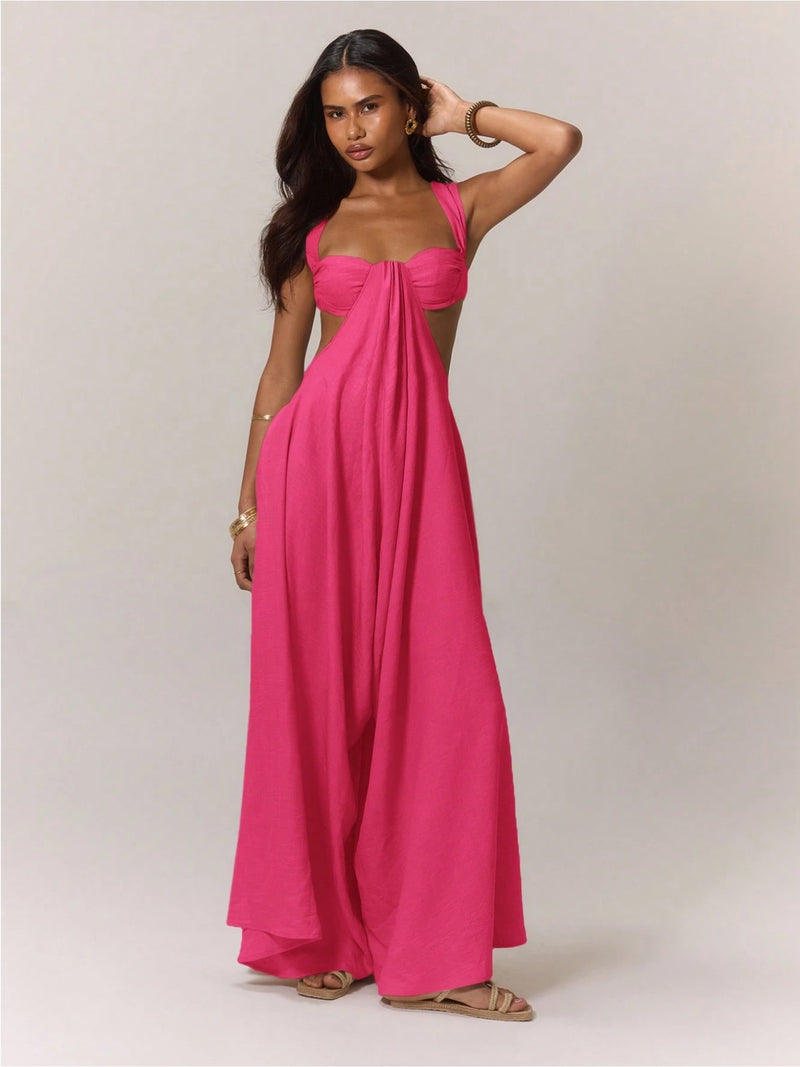 Solid Color Halterneck Tie Up Loose Jumpsuit GQLK KG1173