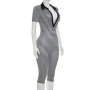 Stripe Print Lapel Seventh Jumpsuit MXBF D26JP197