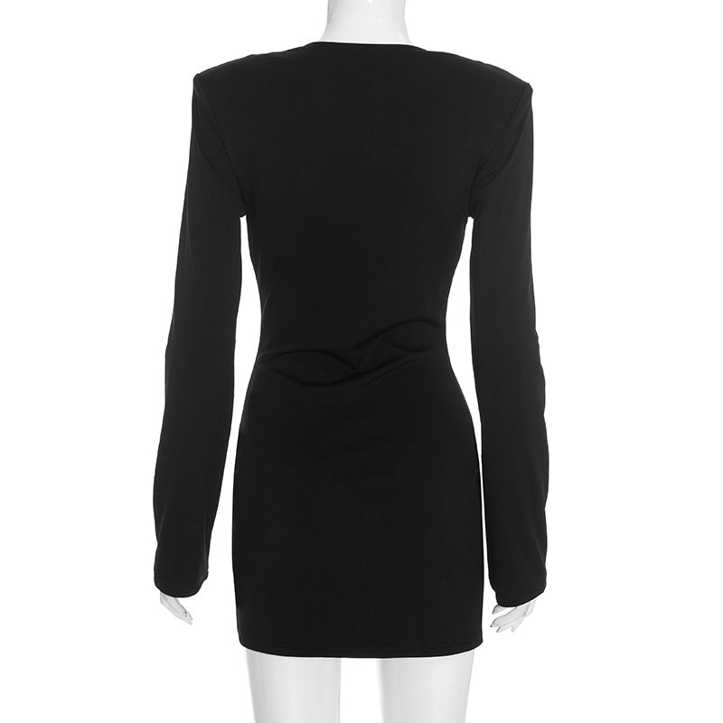 Solid Color Long Sleeve V Neck Mini Dress GSBW C26DS308
