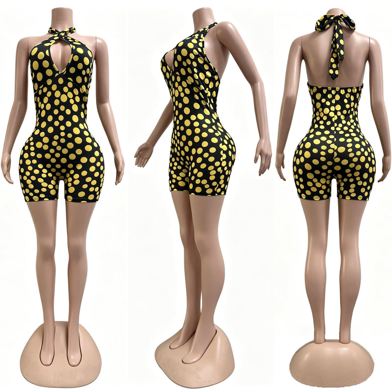Polka Dots Print Deep V Neck Backless Romper CM 60411