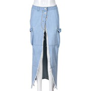 Fashion Denim Tassel High Split Skirt GNZD 9150DD