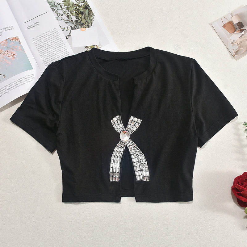 Split Hot Drill Short Sleeve T Shirt GFRT 41209THG