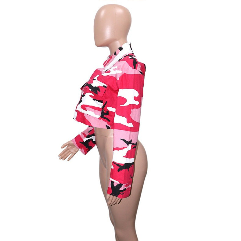 Camouflage Print Lapel Neck Short Coats SH 390421