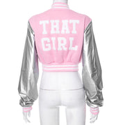 Color Block Short PU Leather Baseball Coat GSZM K23TP377