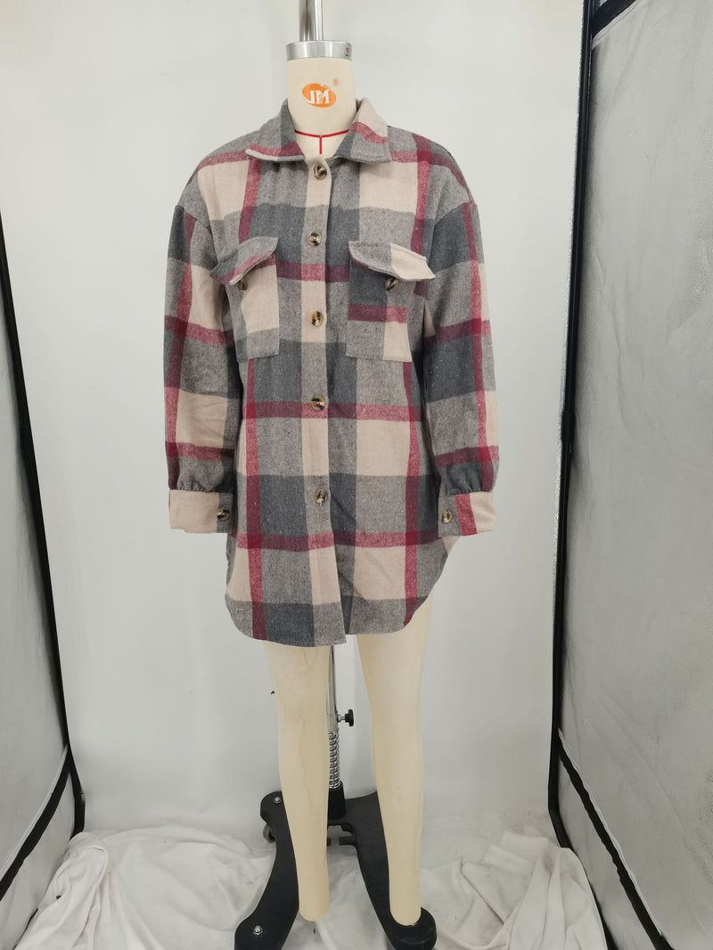 Plus Size Loose Plaid Mauney Long Sleeve Shirt Coat YIM 370