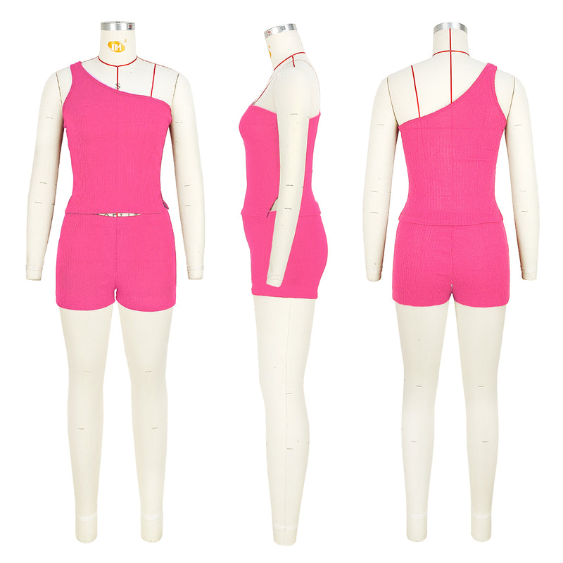 Solid Color Slash Neck Two Piece Shorts Set ASL 6731
