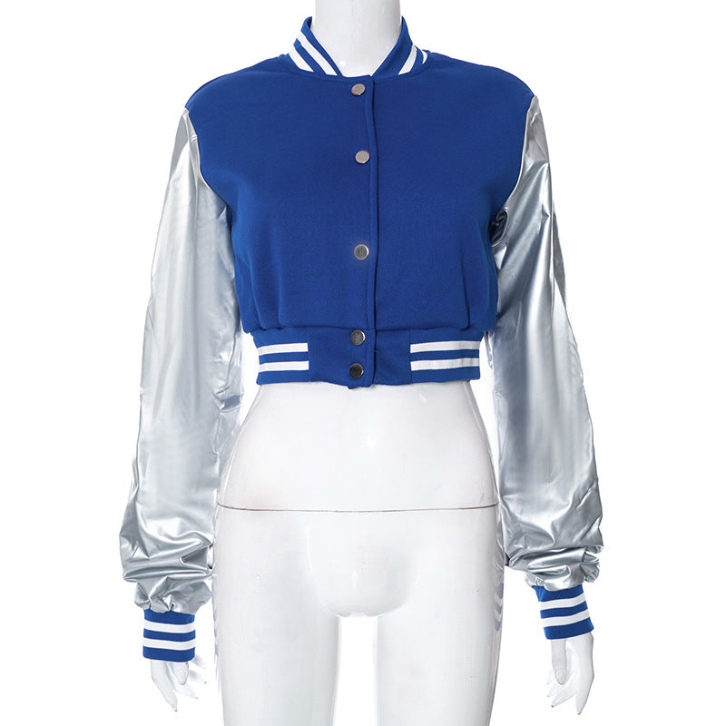 Color Block Short PU Leather Baseball Coat GSZM K23TP377