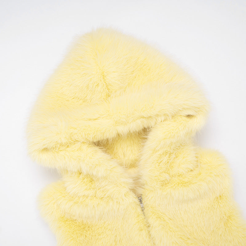 Solid Color Fur Zipper Hooded Short Jacket GDSF J25TP213