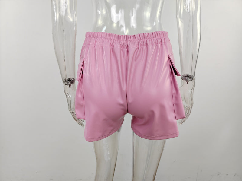 Solid Color Pocket PU Leather Short MUE M7951