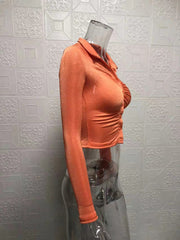 Pleated Lapel Single Breasted Long Sleeve Shirt GYSM W0292