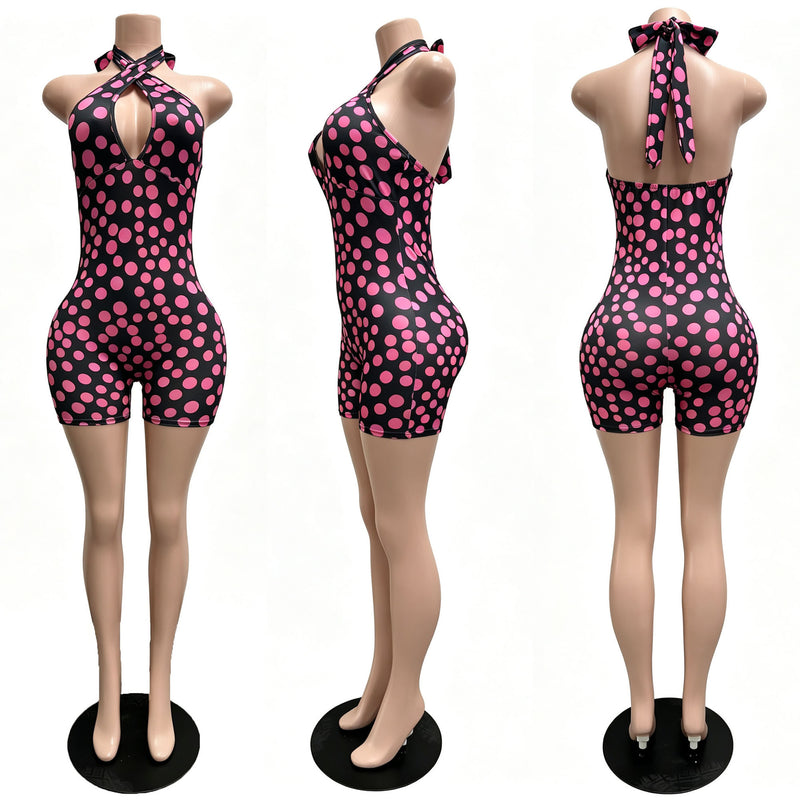 Polka Dots Print Deep V Neck Backless Romper CM 60411