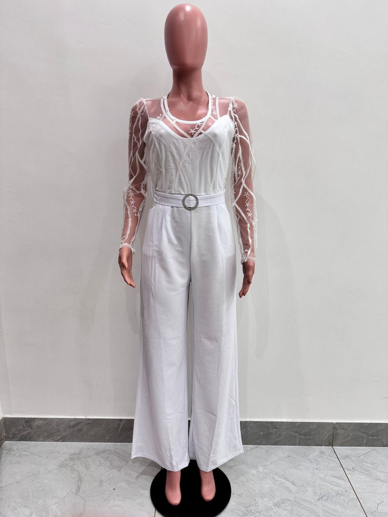 Mesh Embroidery Belt Wide Leg Jumpsuit LA 6006