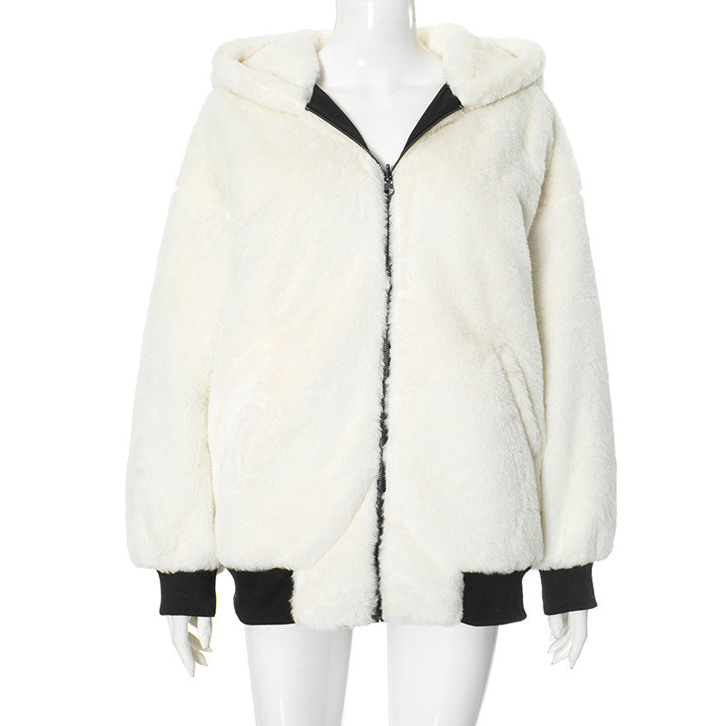 Solid Color Hooded Zipper Plush Jacket GSZM ZTP1449
