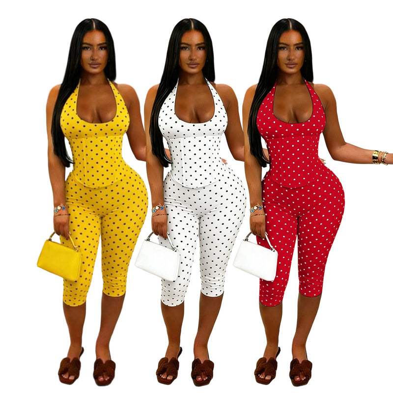 Polka Dots Print Halterneck Tie Up Seventh Jumpsuit TK 6350