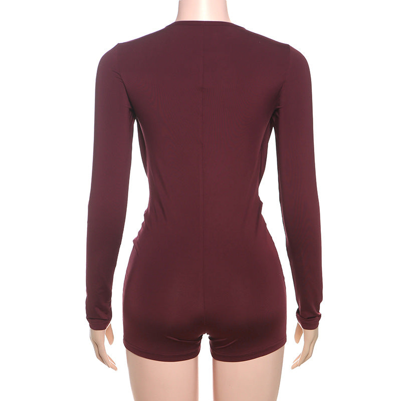 Deep V Neck Solid Color Long Sleeve Romper GZJQ K24Q62136