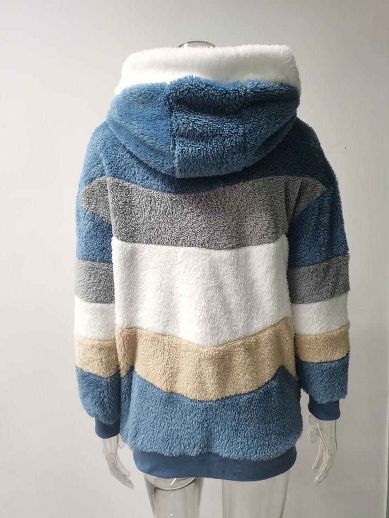 Plus Size Warm Plush Patchwork Zipper Hooded Loose Jacket GOFY 80160