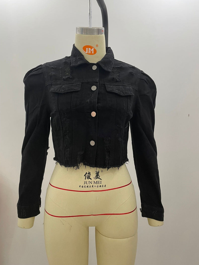 Ripped Bubble Sleeve Denim Jacket GQDH 911