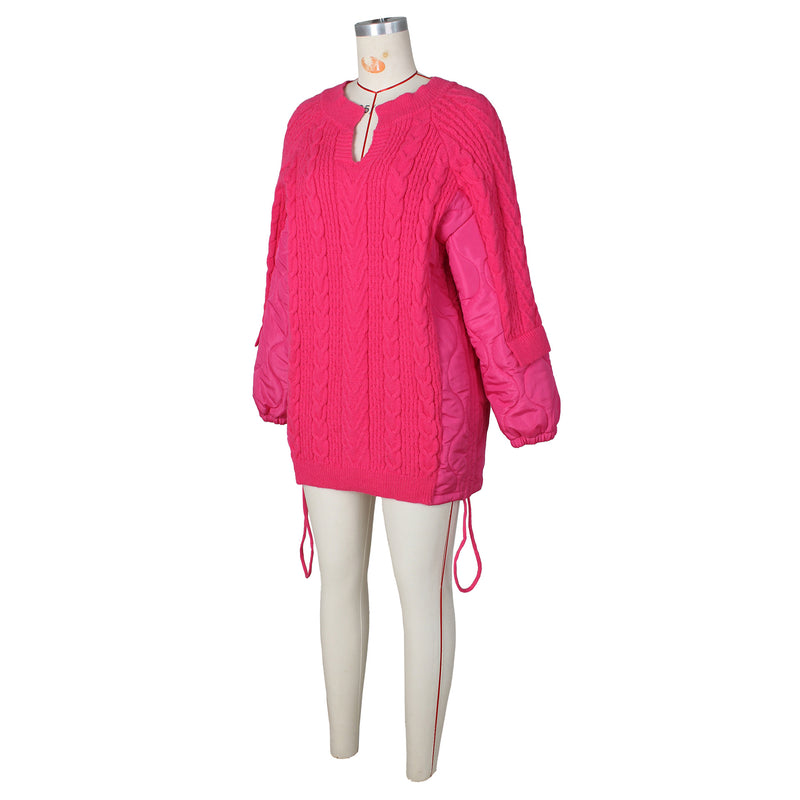 Casual Loose Spliced Knit Drawstring Cotton Coat ZSD 0631