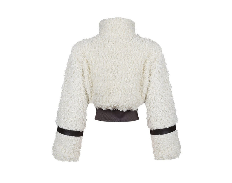 Faux Fur Collar Patchwork Leather Jacket with Lining YMEF 58015