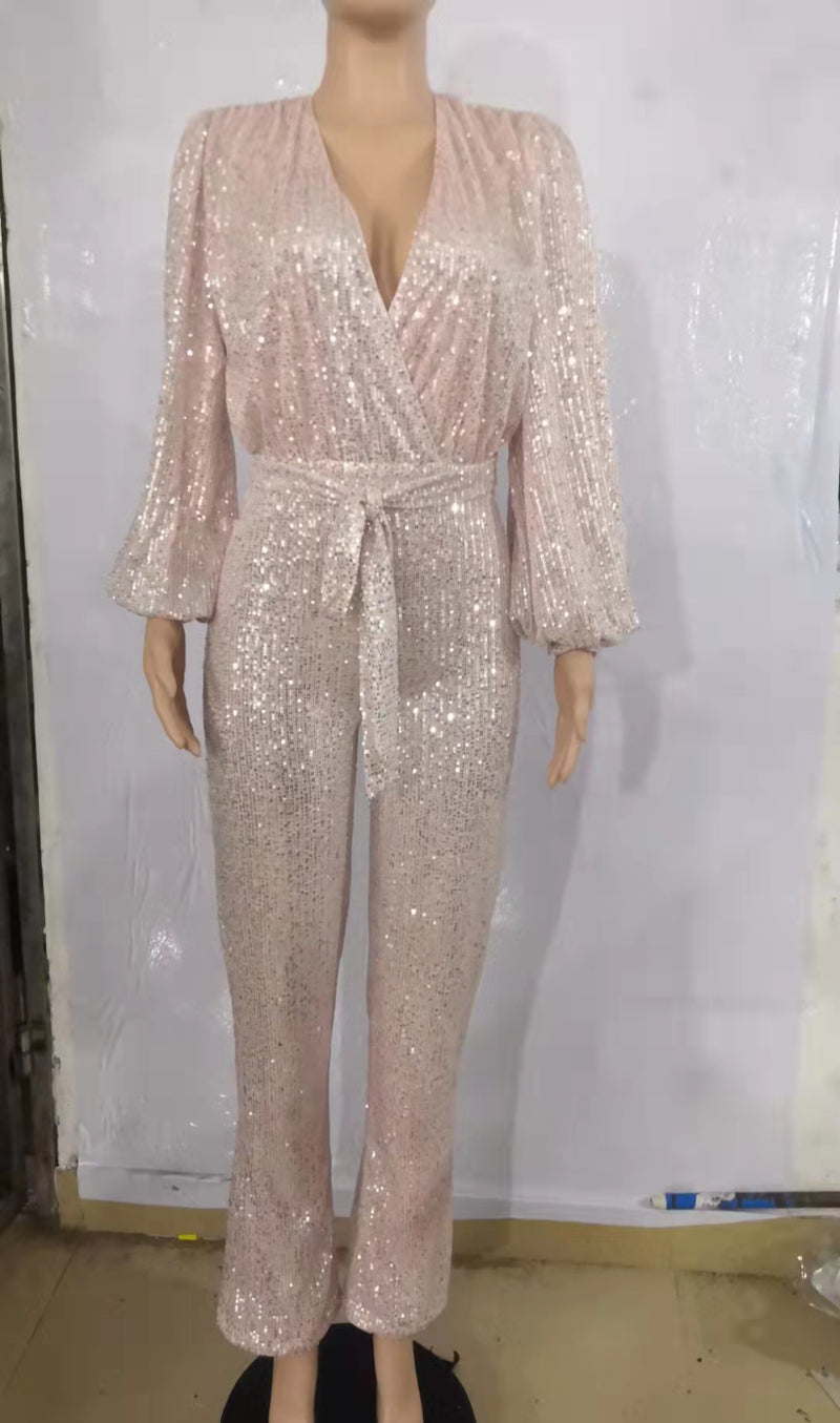 Sequin Deep V Neck Tie Up Jumpsuit GYOM 8794