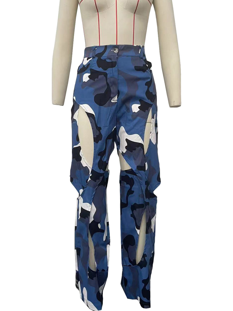 Camouflage Print Holes Cross Straight Pants OD 8600