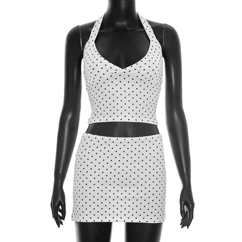 Polka Dot Print Halterneck Two Piece Skirts Set GDSF D26ST187
