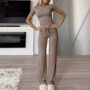 Solid Color Short Sleeve Sports Two Piece Pants Set GYWO 55007
