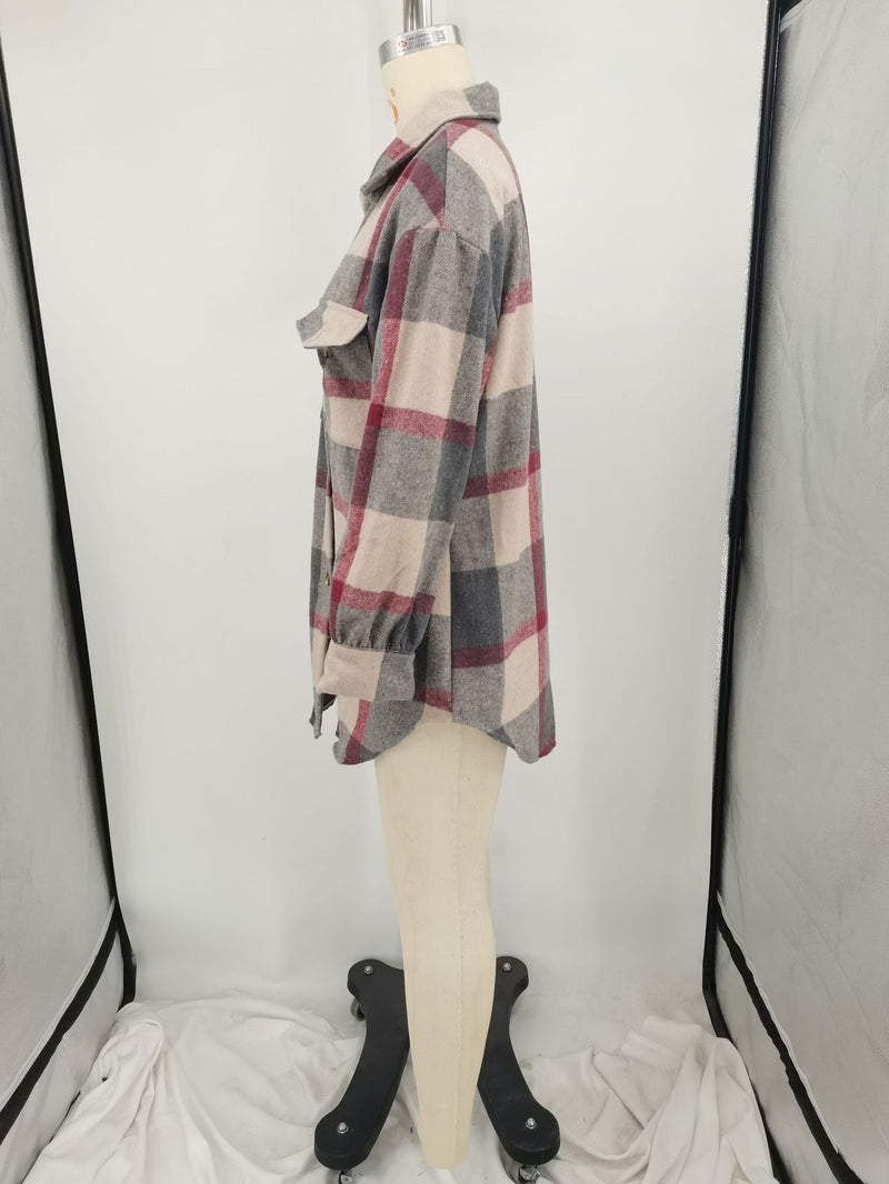 Plus Size Loose Plaid Mauney Long Sleeve Shirt Coat YIM 370