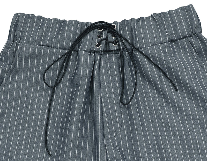 Stripe Lapel Short Sleeve Tie Two Piece Shorts Set AIL 324