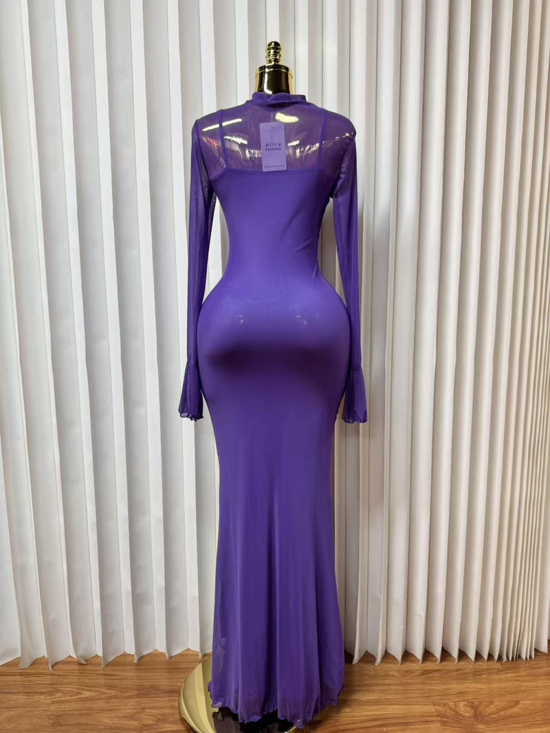 Mesh Patchwork Long Sleeve Maxi Dress GADE 11194