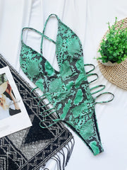 Snake Skin Print V Neck Hollow One Piece Swimsuit CASF 6101
