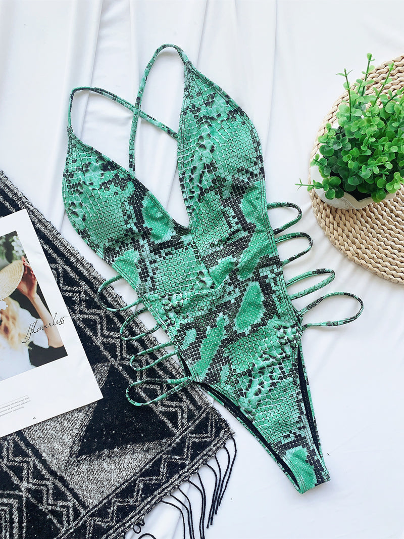 Snake Skin Print V Neck Hollow One Piece Swimsuit CASF 6101