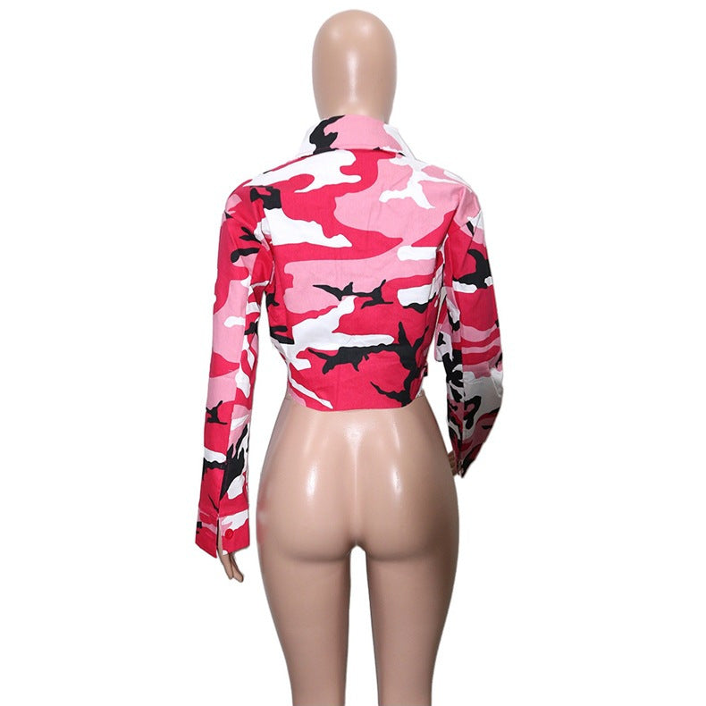 Camouflage Print Lapel Neck Short Coats SH 390421