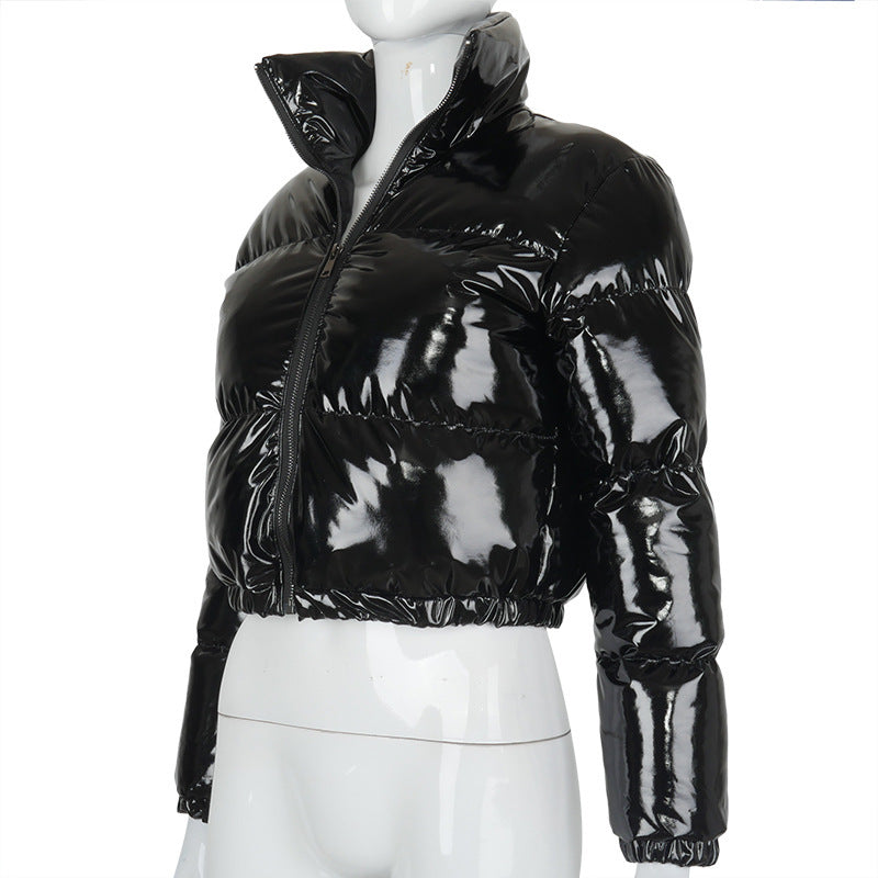 Solid PU Leather Stand up Collar Cotton Jacket GSZM A20666T