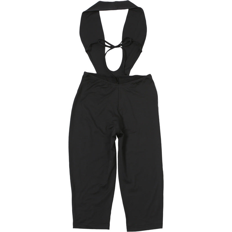 Deep V Neck Solid Color Tight Fifth Jumpsuit DLSF K6Q00634A