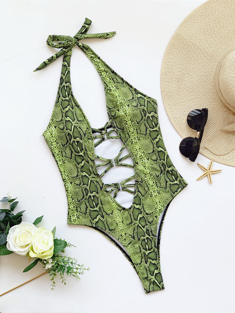 Snake Skin Print Halter One Piece Swimsuit CASF 6253