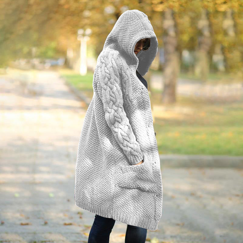 Plus Size Hooded Single Breasted Knit Long Sleeve Coat GBLH 3355