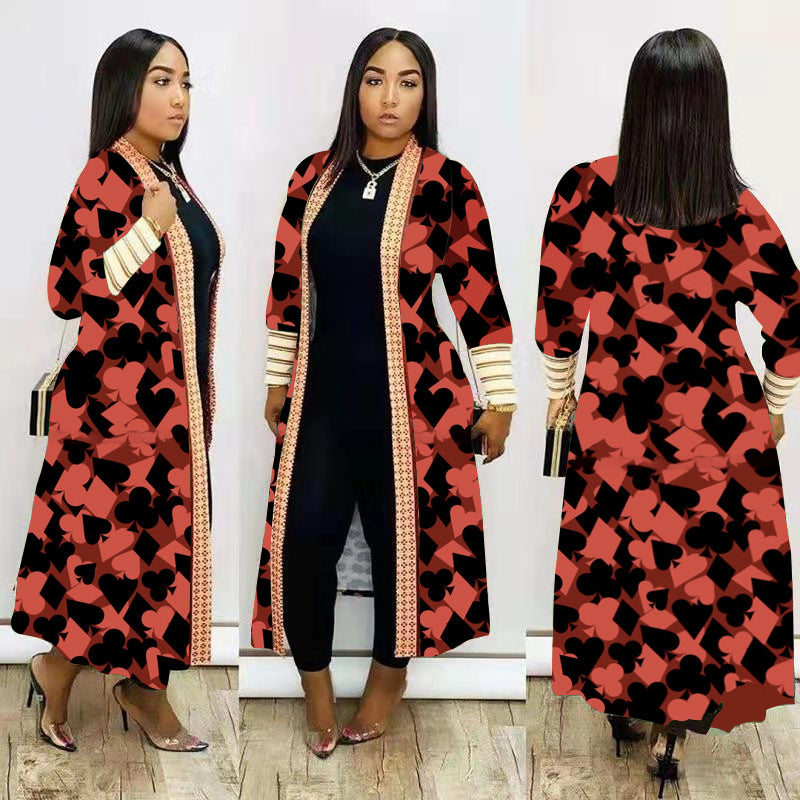 Plus Size Print Long Sleeve Knit Coat GRNH 8078