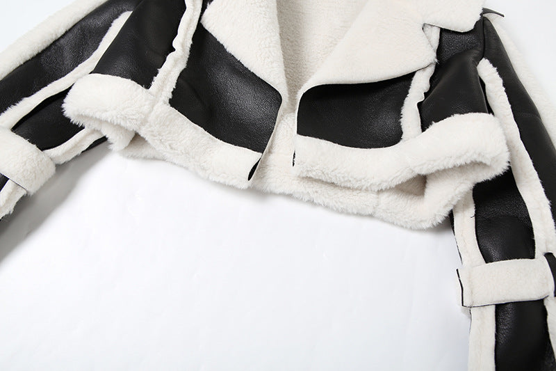 Leather Patchwork Long Sleeve Coats GZJQ K24C75271