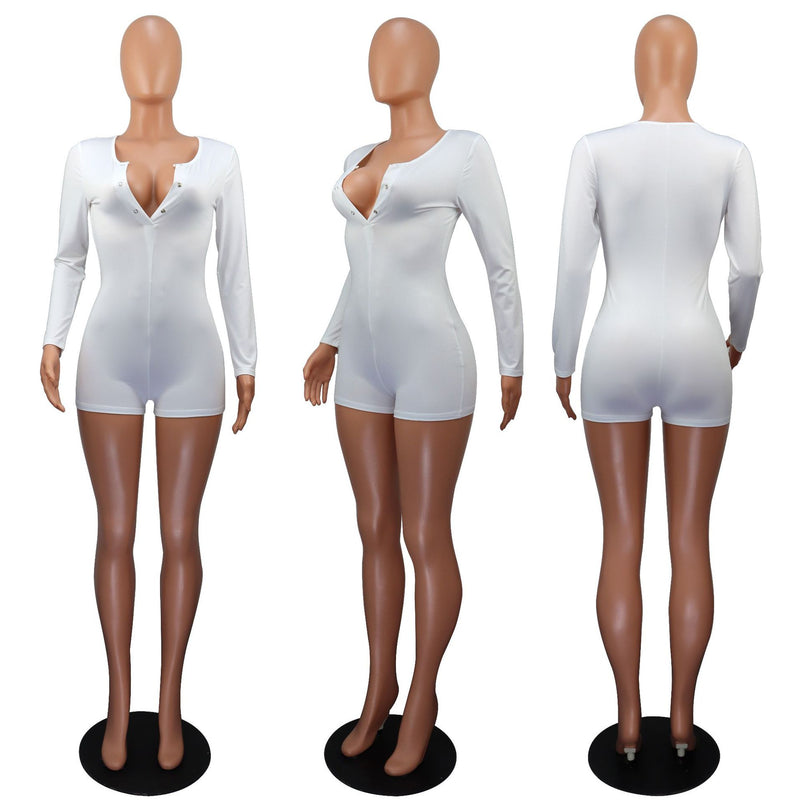 V Neck Solid Color Long Sleeve Romper GWLS LD201019