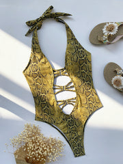 Snake Skin Print Halter One Piece Swimsuit CASF 6253