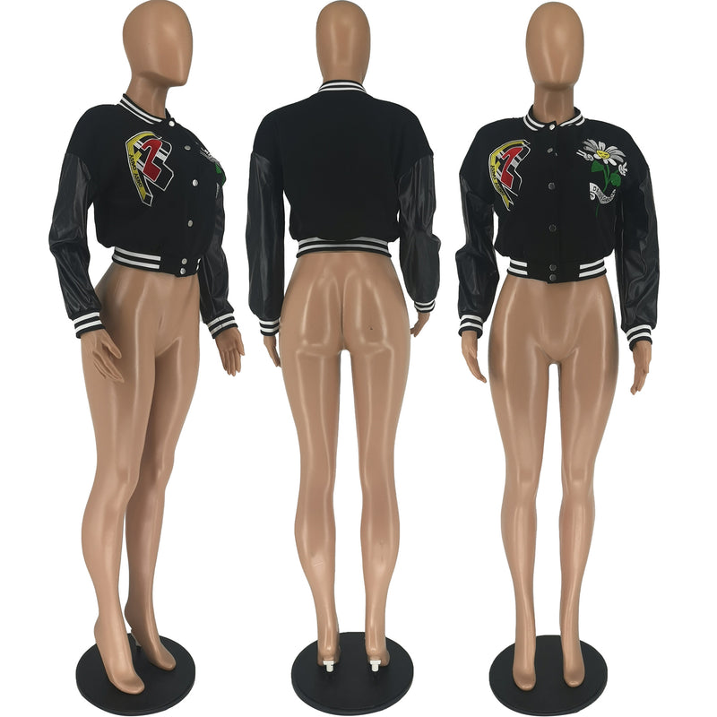 Fashion Embroider Print Long Sleeve Baseball Jacket FOSF 8369