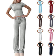 Solid Color Short Sleeve Sports Two Piece Pants Set GYWO 55007