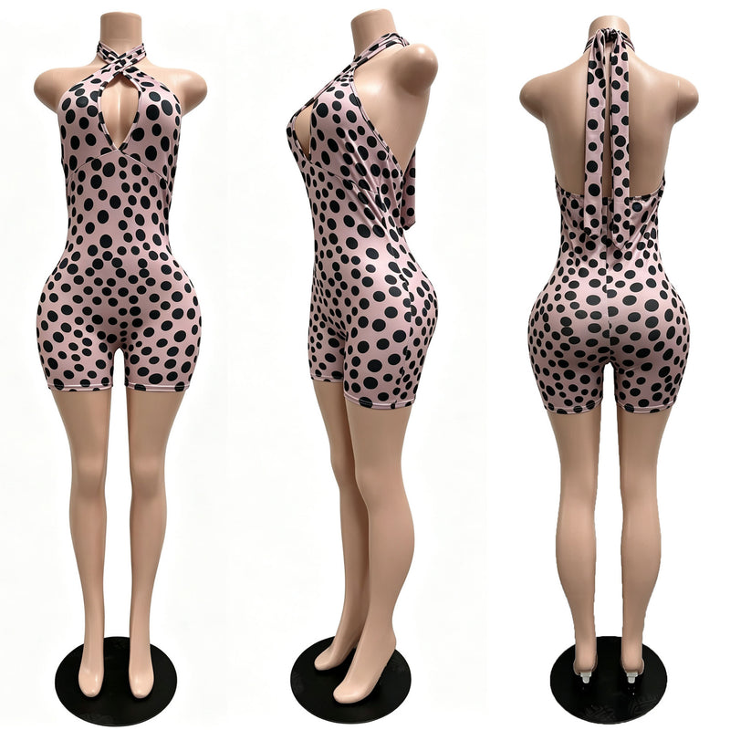 Polka Dots Print Deep V Neck Backless Romper CM 60411
