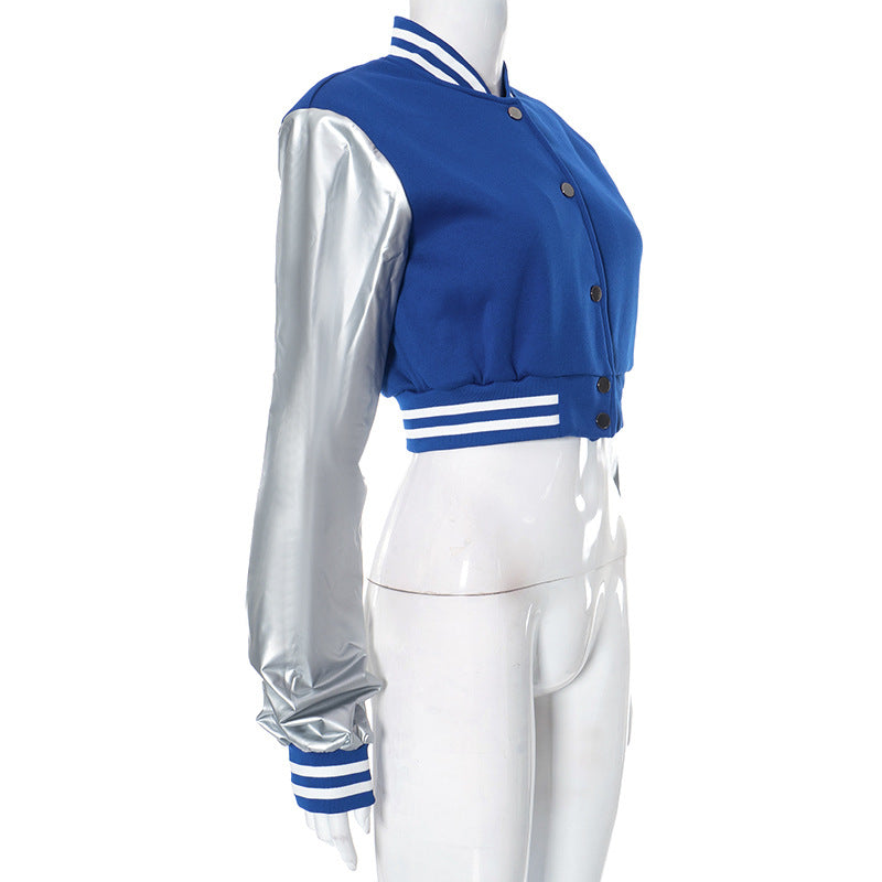 Color Block Short PU Leather Baseball Coat GSZM K23TP377
