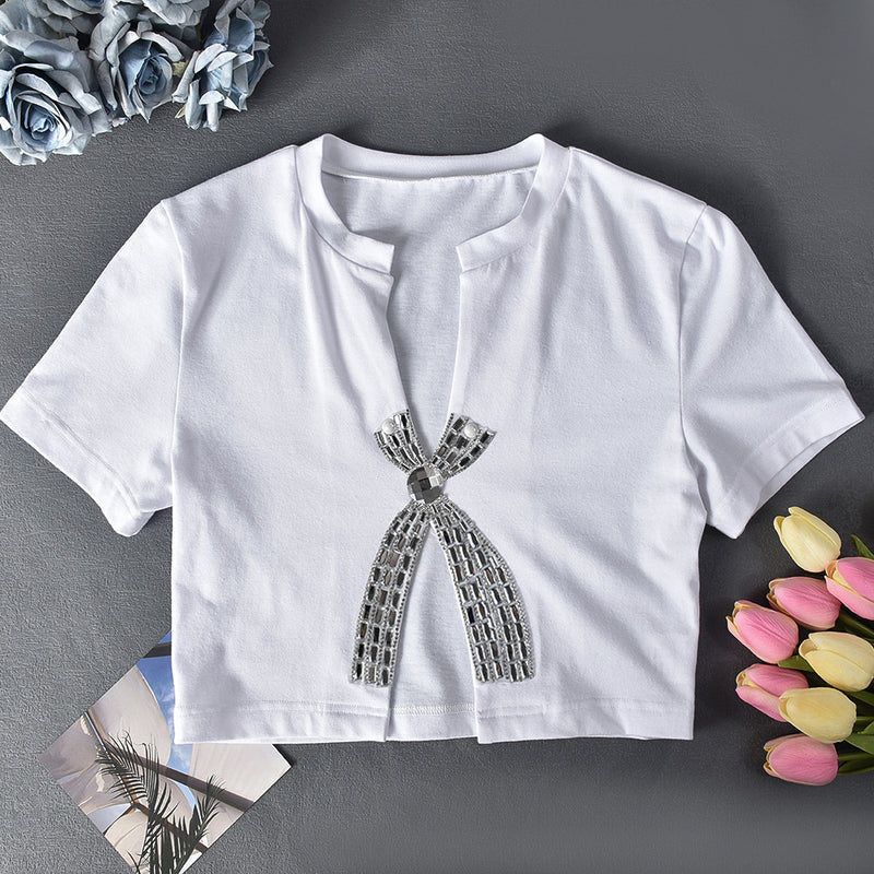 Split Hot Drill Short Sleeve T Shirt GFRT 41209THG